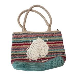 The Sak Crochet Crafted Classic Carryall Purse Tote Bag Stripe Flower Embroidery